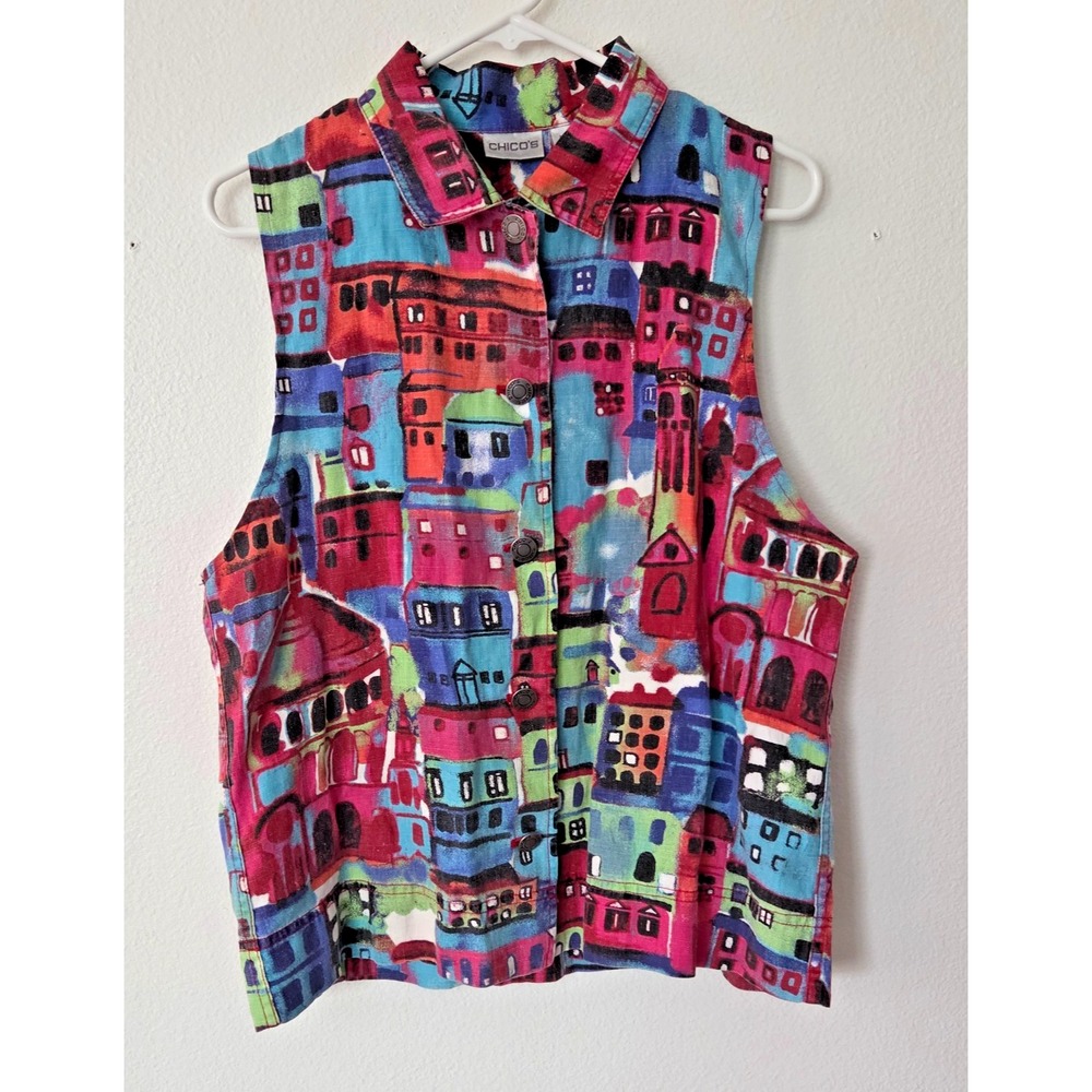 Vtg Chico's Sleeveless Jacket Vest Vibrant Multicolored Big City Print Size 1